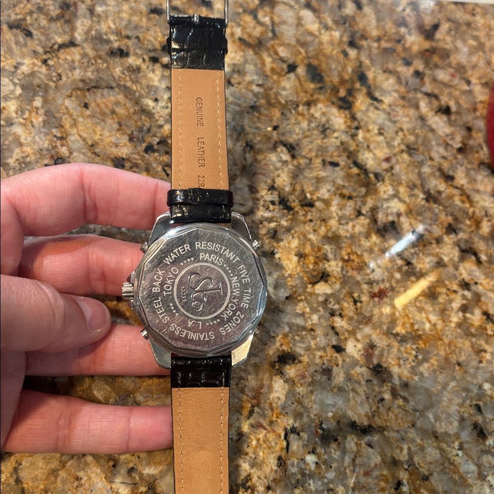 Men's Black Leather Strap Watch with Multicolor Dial - Picture 4 of 4